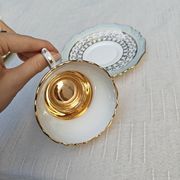 Duo of tea cups and saucers Limoges Lucien Michelaud - Green porcelain
