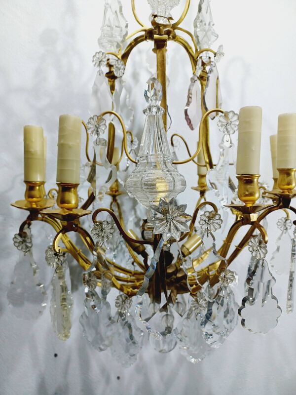 Lustre cage 12 lumières bronze et cristal