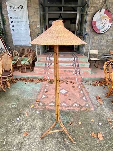 Wicker and rattan floor lamp circa 1960