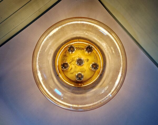 Plafonnier en laiton et verre soufflé bullé, Glasshütte Limburg, 1970