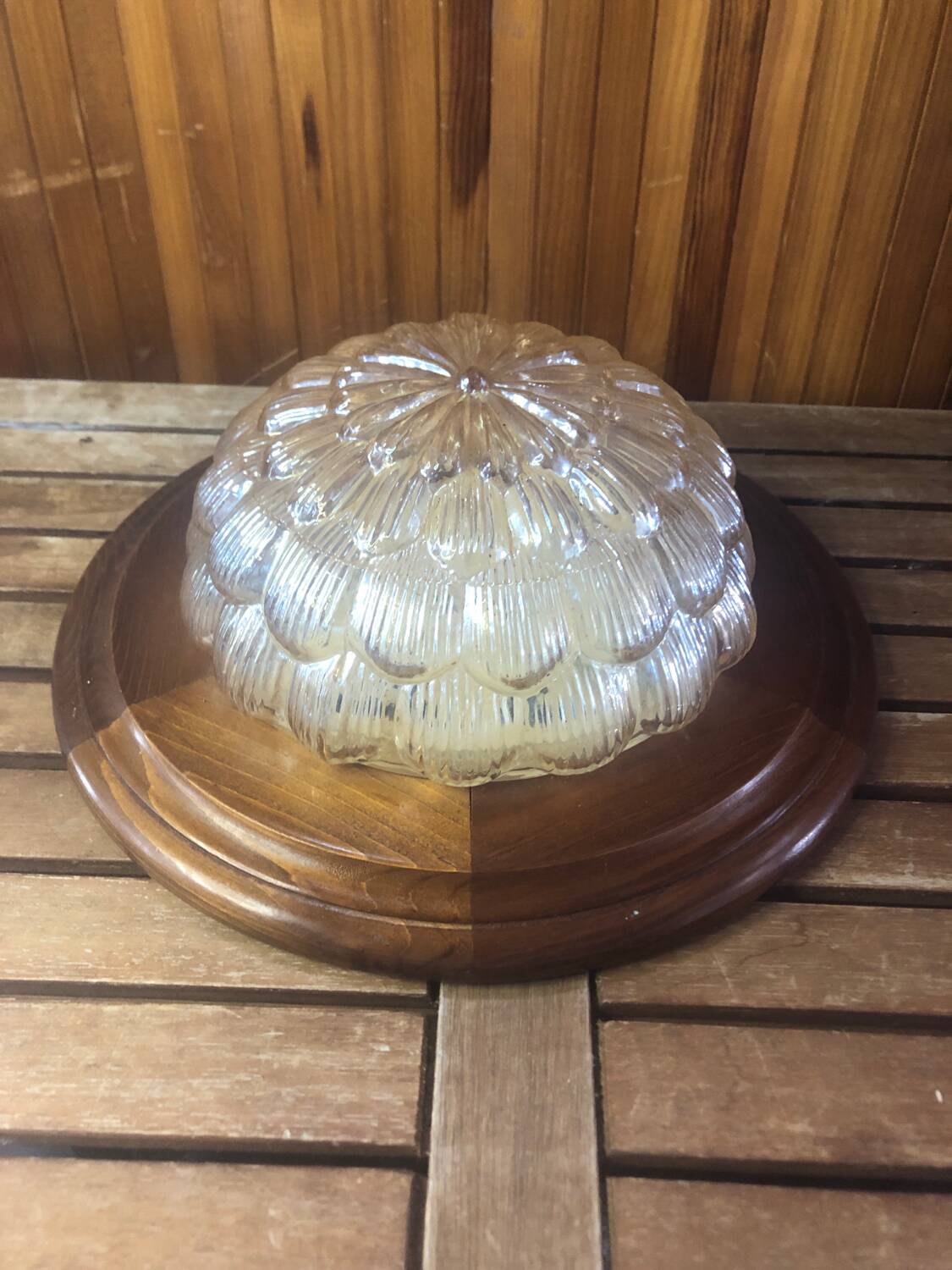 Old golden molded glass pendant light + vintage wood contour #a378