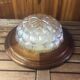 Old golden molded glass pendant light + vintage wood contour #a378