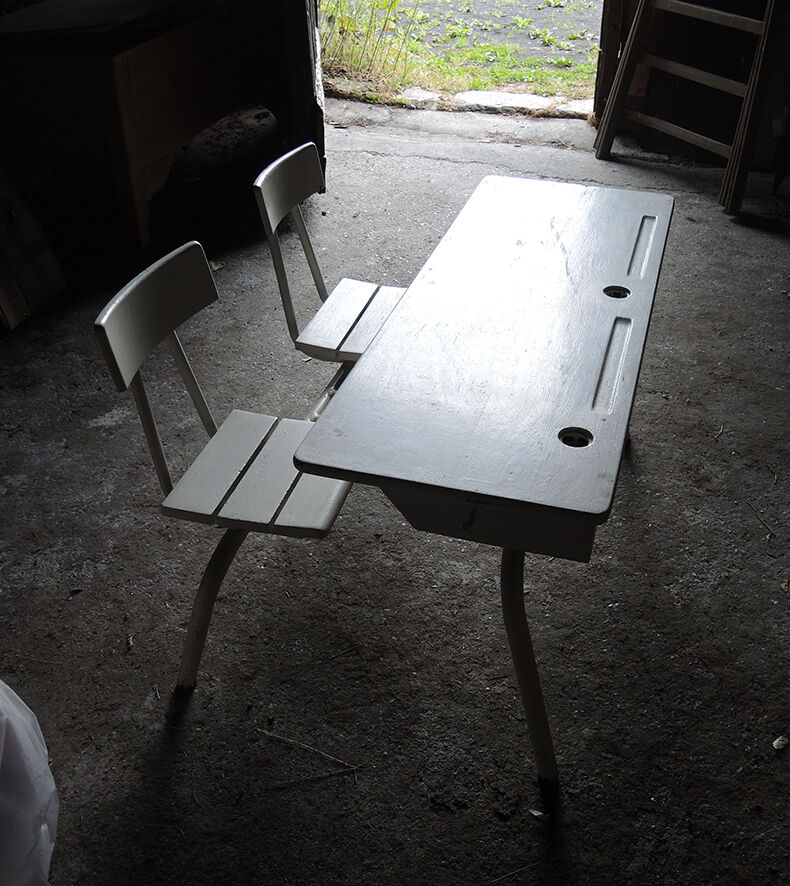 Former double school desk in white painted wood