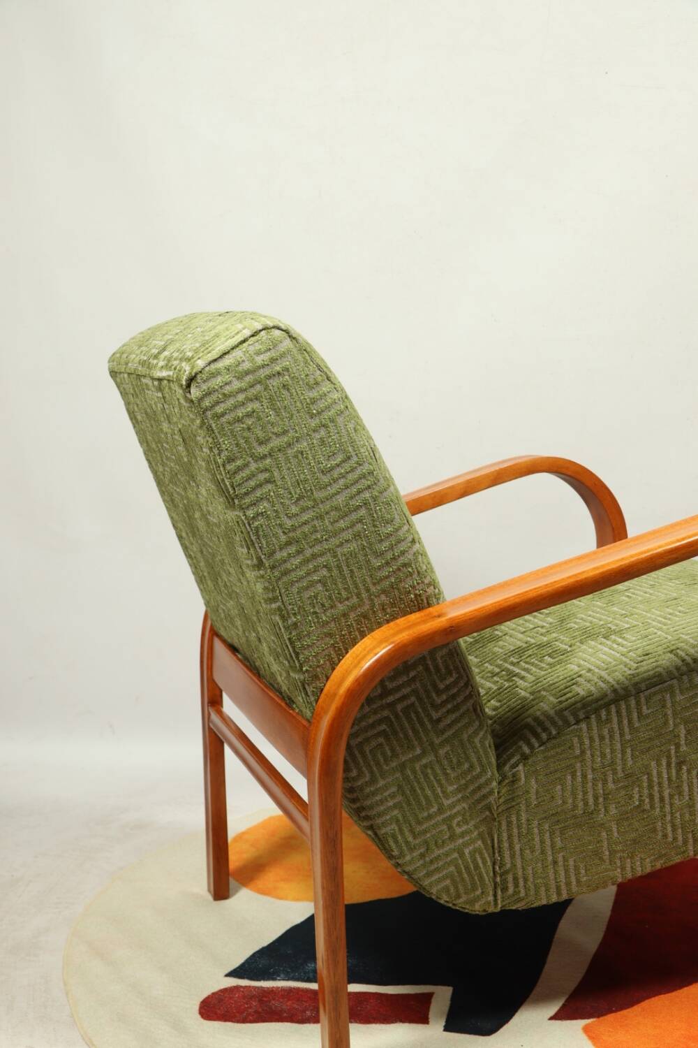 Art Deco armchair in green geometric jacquard by Kropacek Kozelek 1950