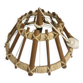 Large vintage wooden and rope pendant light (Ø 53 cm) — Brutalist style /