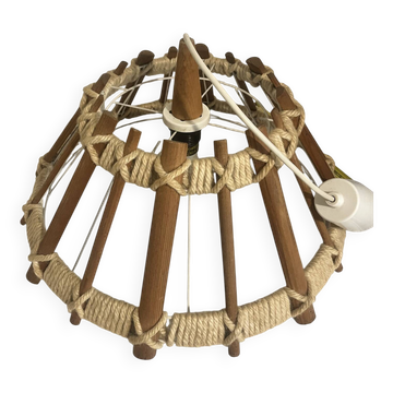 Large vintage wooden and rope pendant light (Ø 53 cm) — Brutalist style /