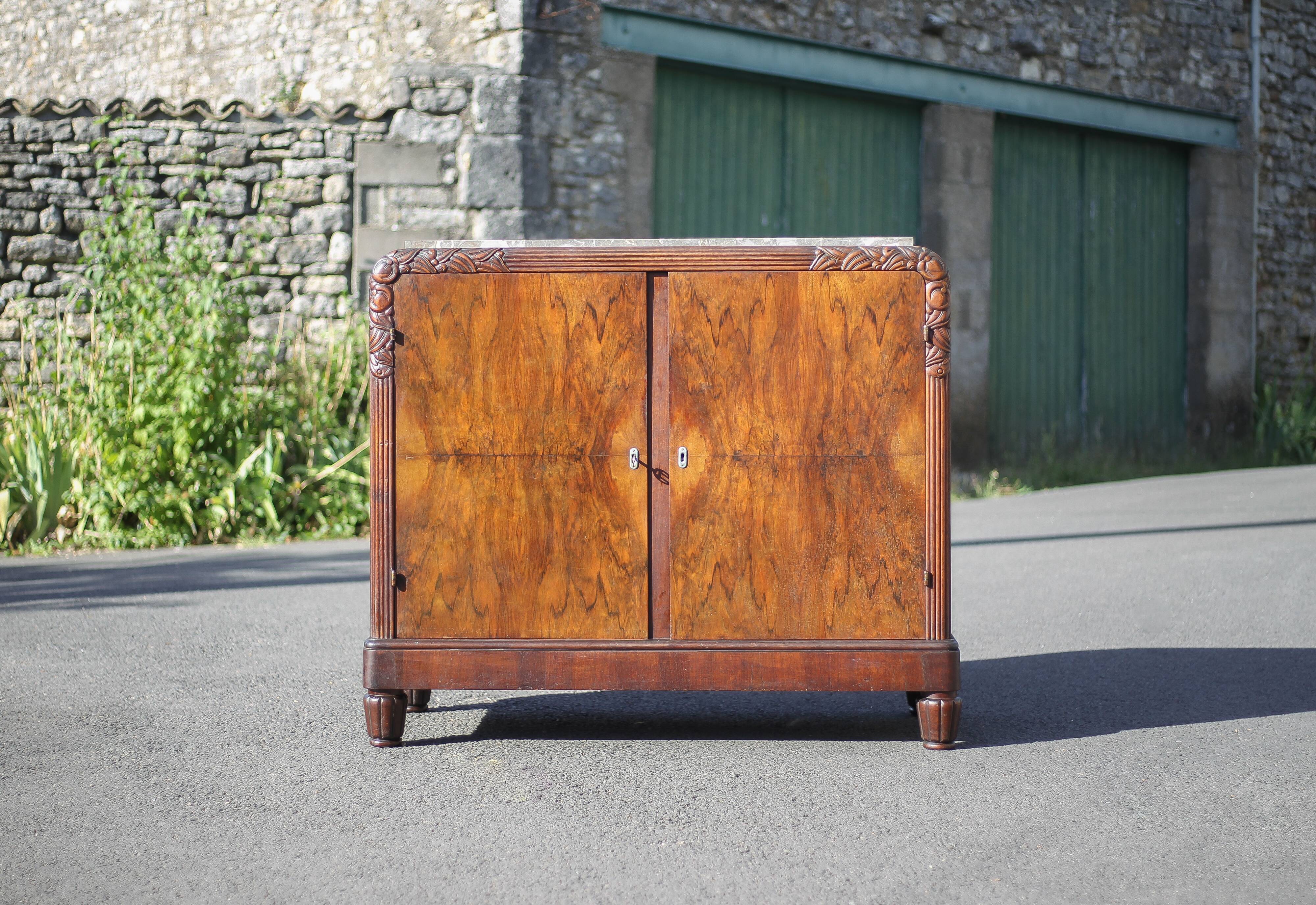 Buffet art déco 2 portes, meuble bois et marbre art déco