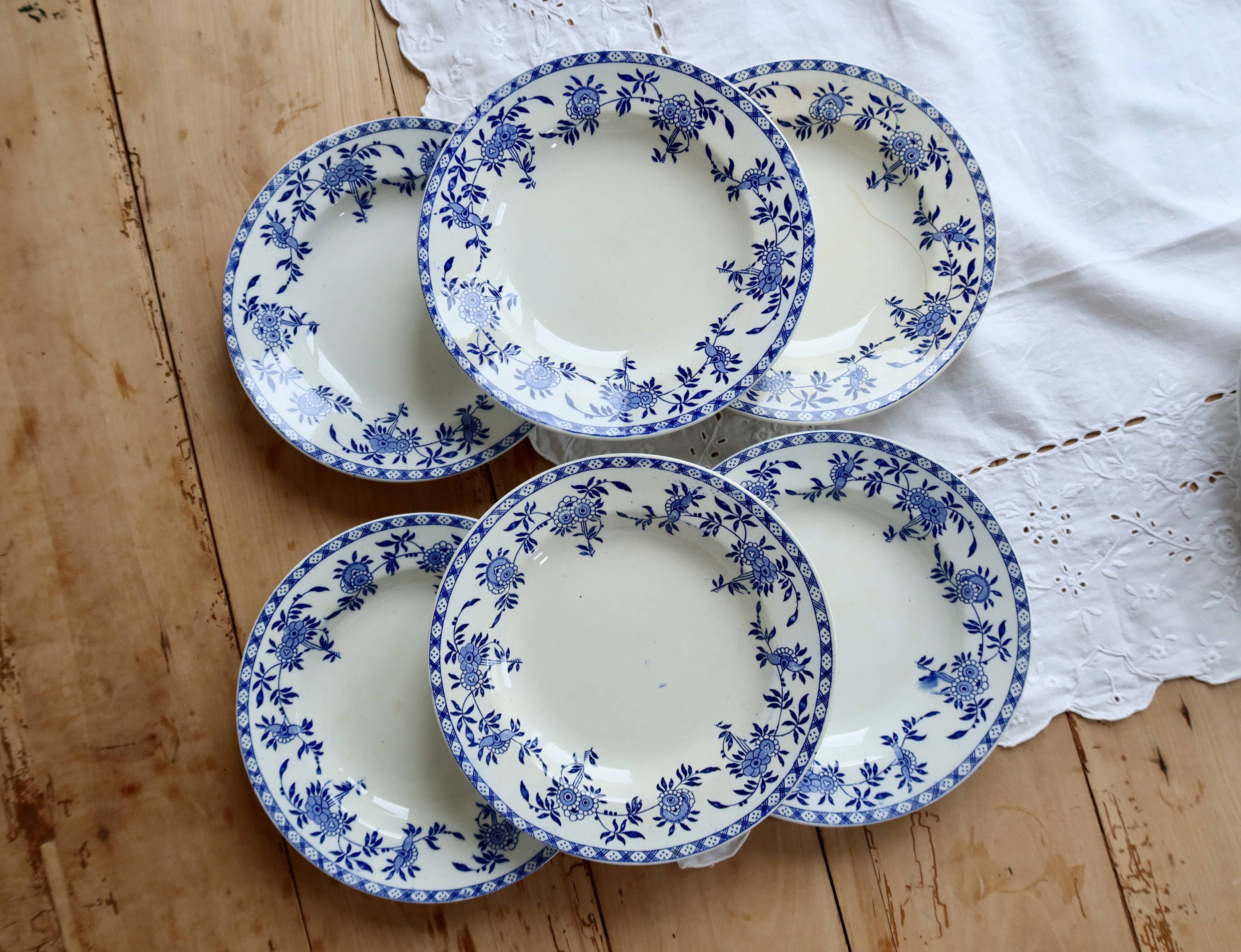 6 antique deep plates, blue and white Dresden porcelain