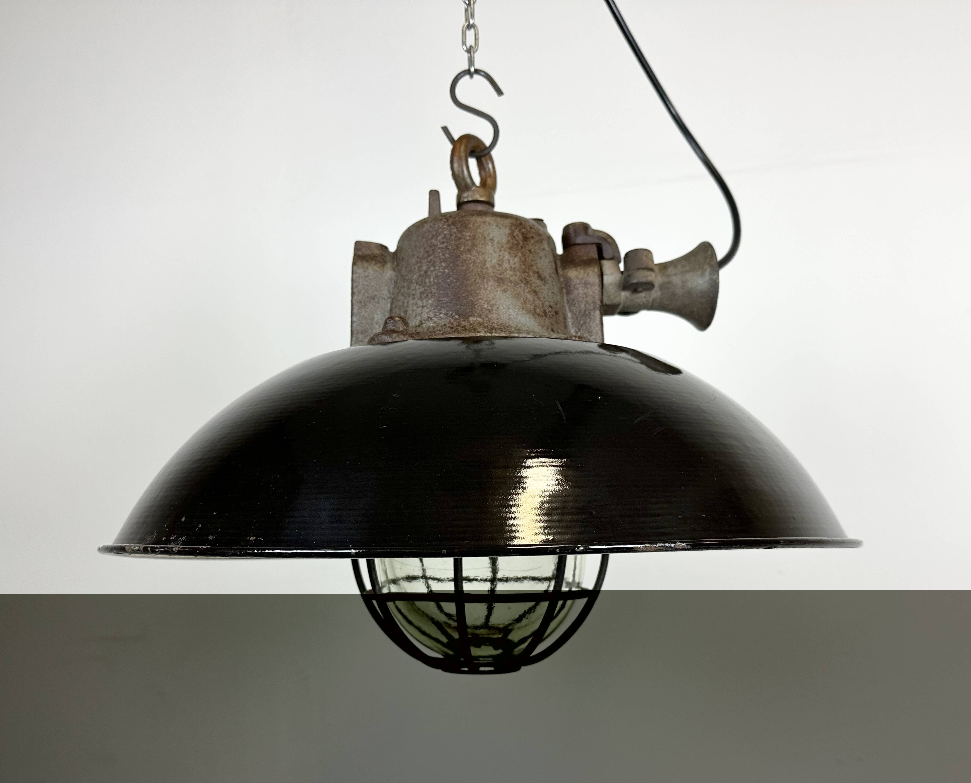 Black enamel and cast iron industrial cage pendant light, 1950s