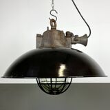 Black enamel and cast iron industrial cage pendant light, 1950s
