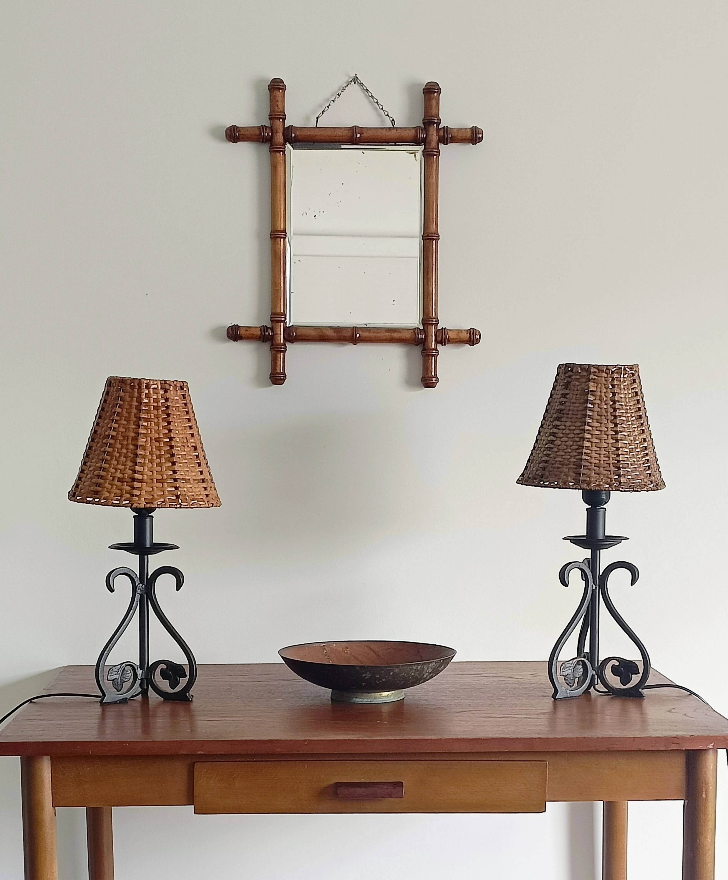 Spanish Hand Forged Wrought Iron Table Lamps with Hand Woven Wicker Shades