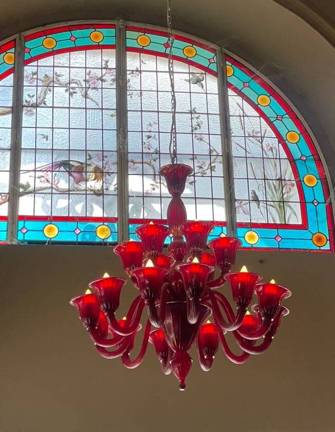 16-light red Murano glass chandeliers