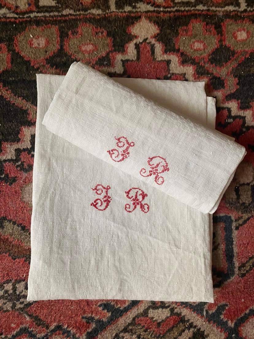 4 large damask tea towels JR monogram cross stitch.