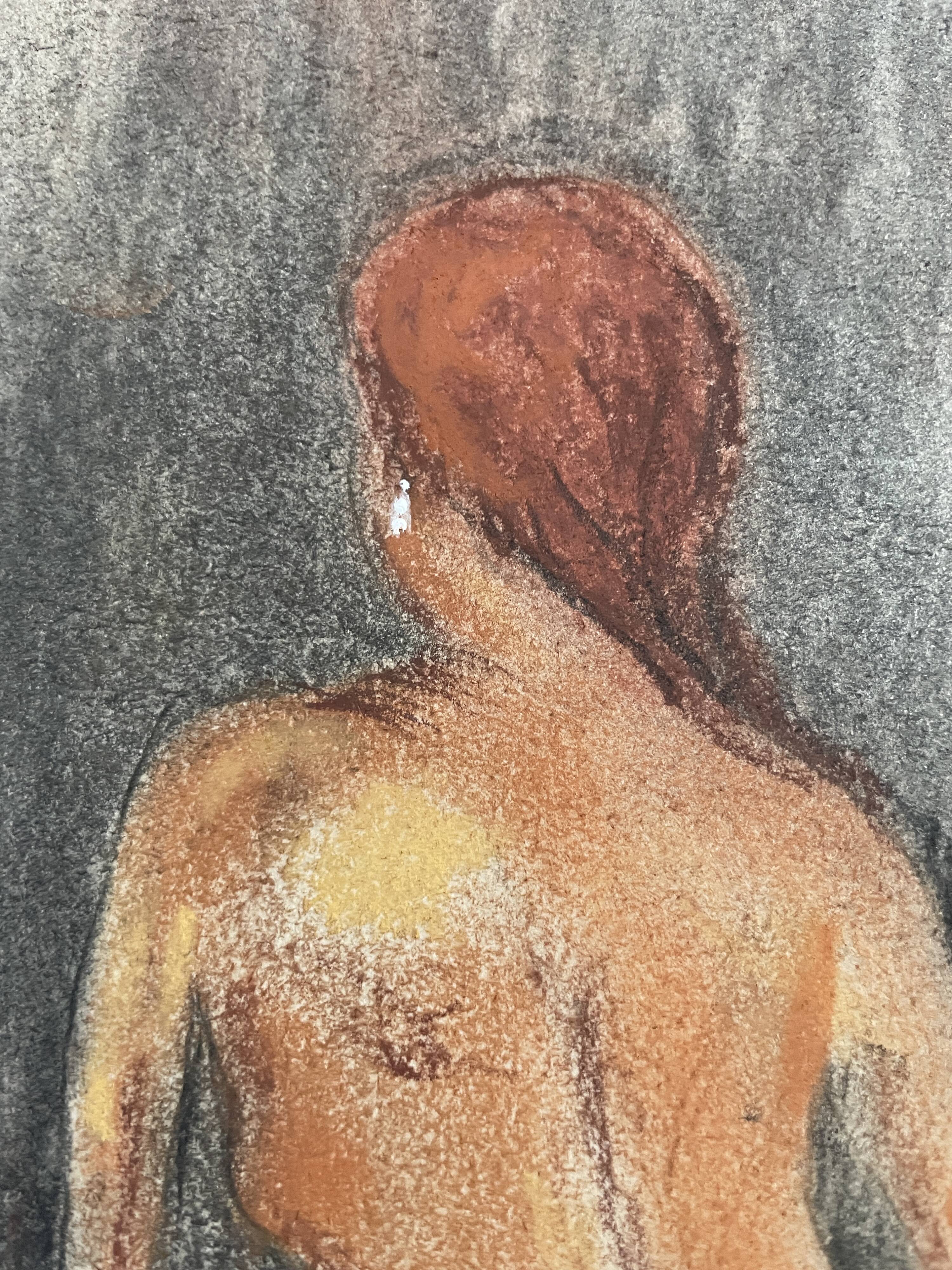 Painting signed pastel female portrait “the ocher sofa” 42x30 cm