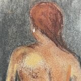 Painting signed pastel female portrait “the ocher sofa” 42x30 cm