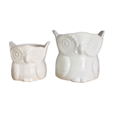 Set of 2 cache white owl pots in vintage ceramic
