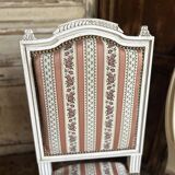 Pair of Louis XVI style chairs in painted wood and satin, classic elegance.