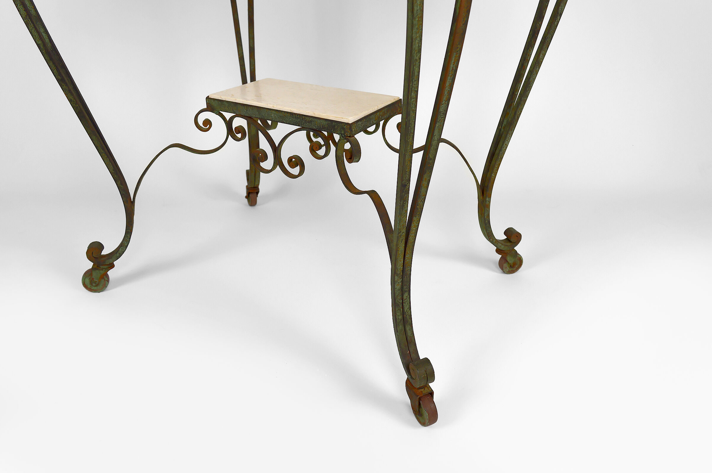 Art deco rolling service in wrought iron and travertine, france, 1940s