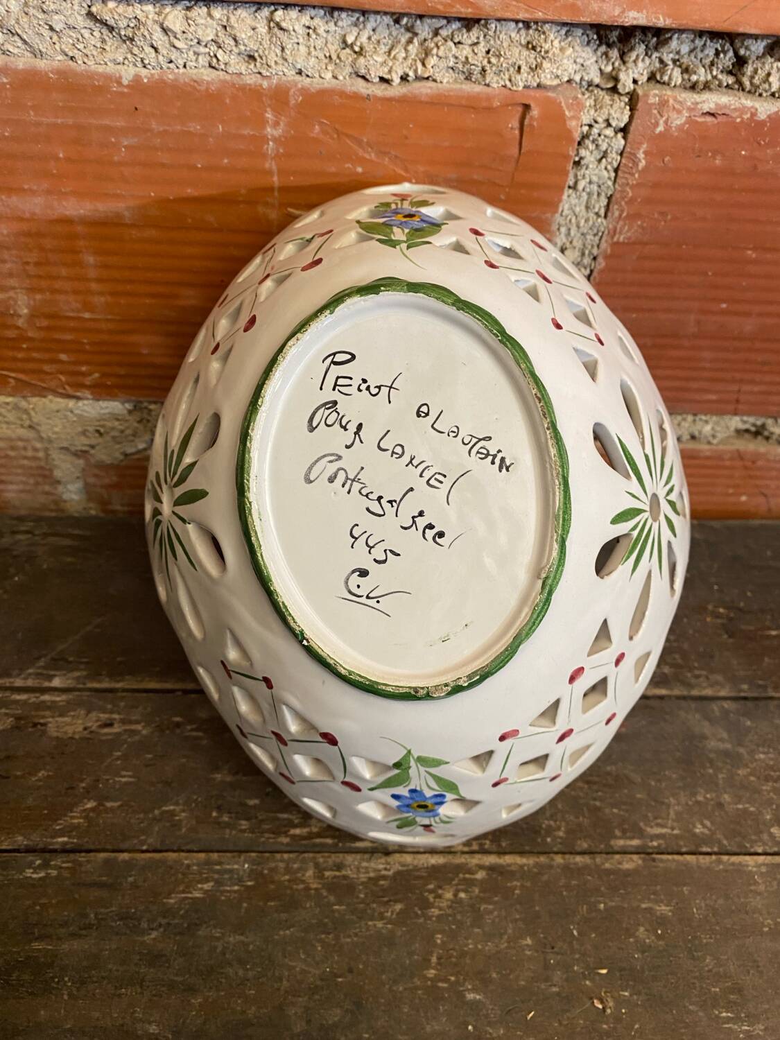 Vintage white openwork ceramic basket with flower decoration for lancel