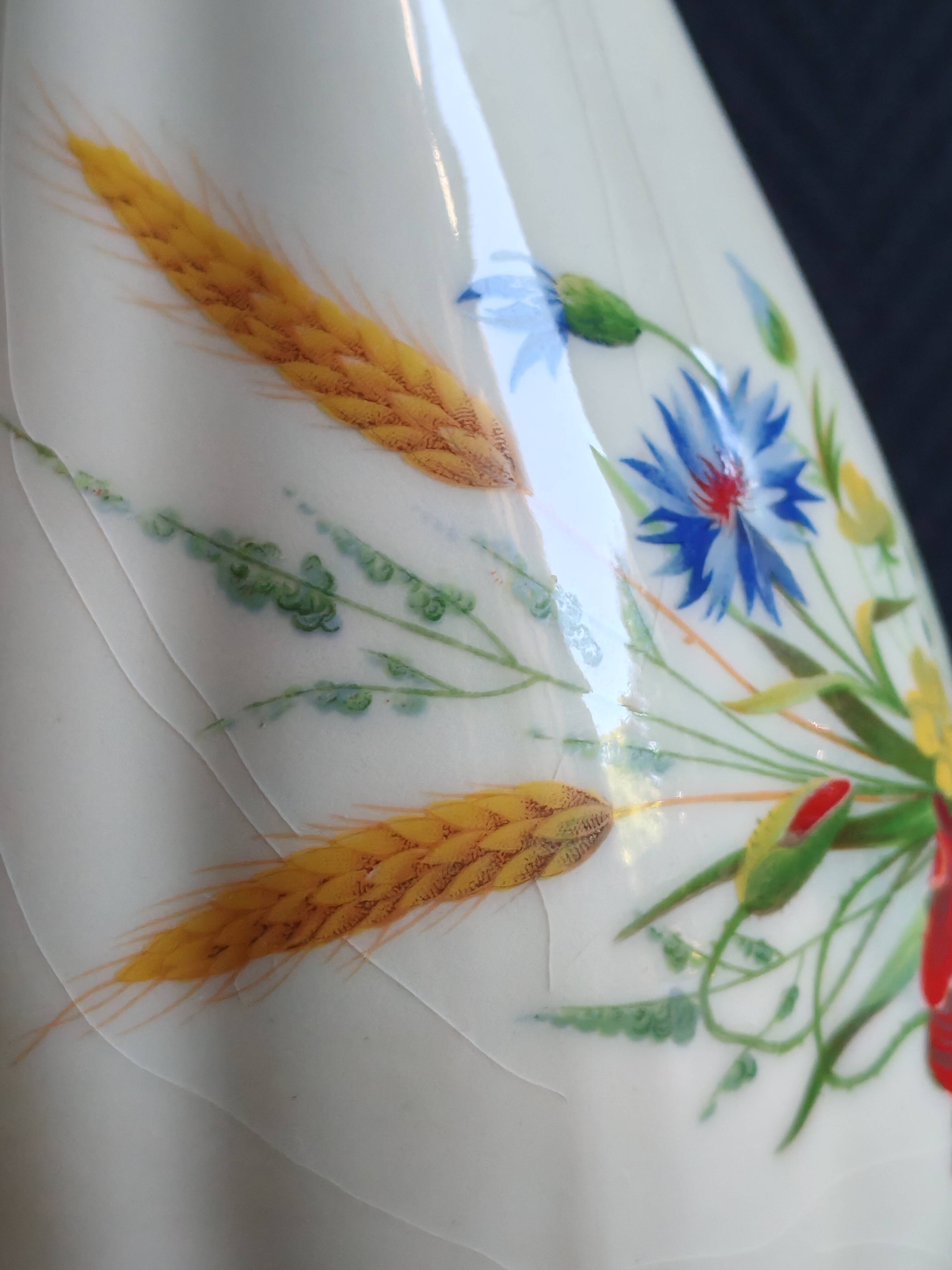 Vintage White Broken Ceramic Vase with Floral Pattern, Ribbed Vase