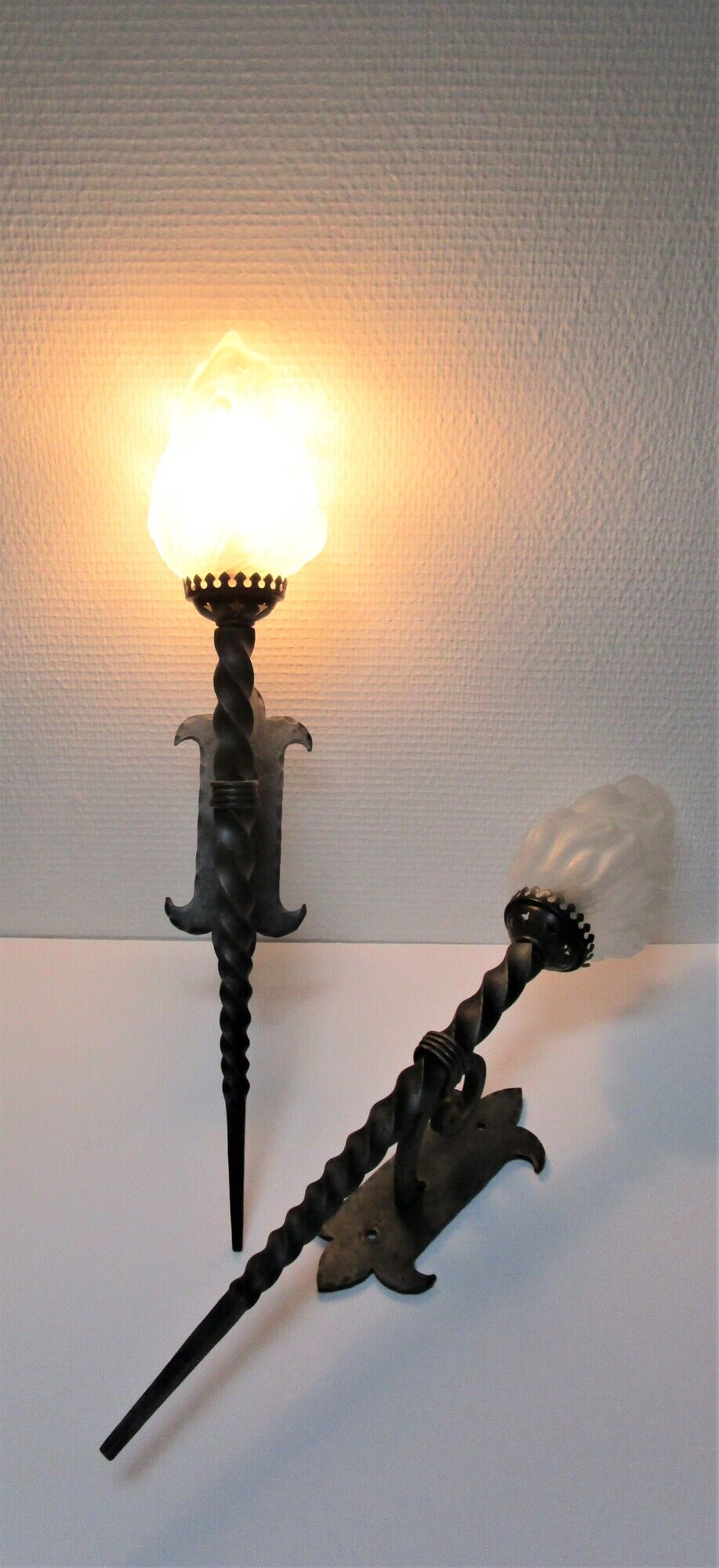 Pair of wall lamps torch glass flame and metal early XXth
