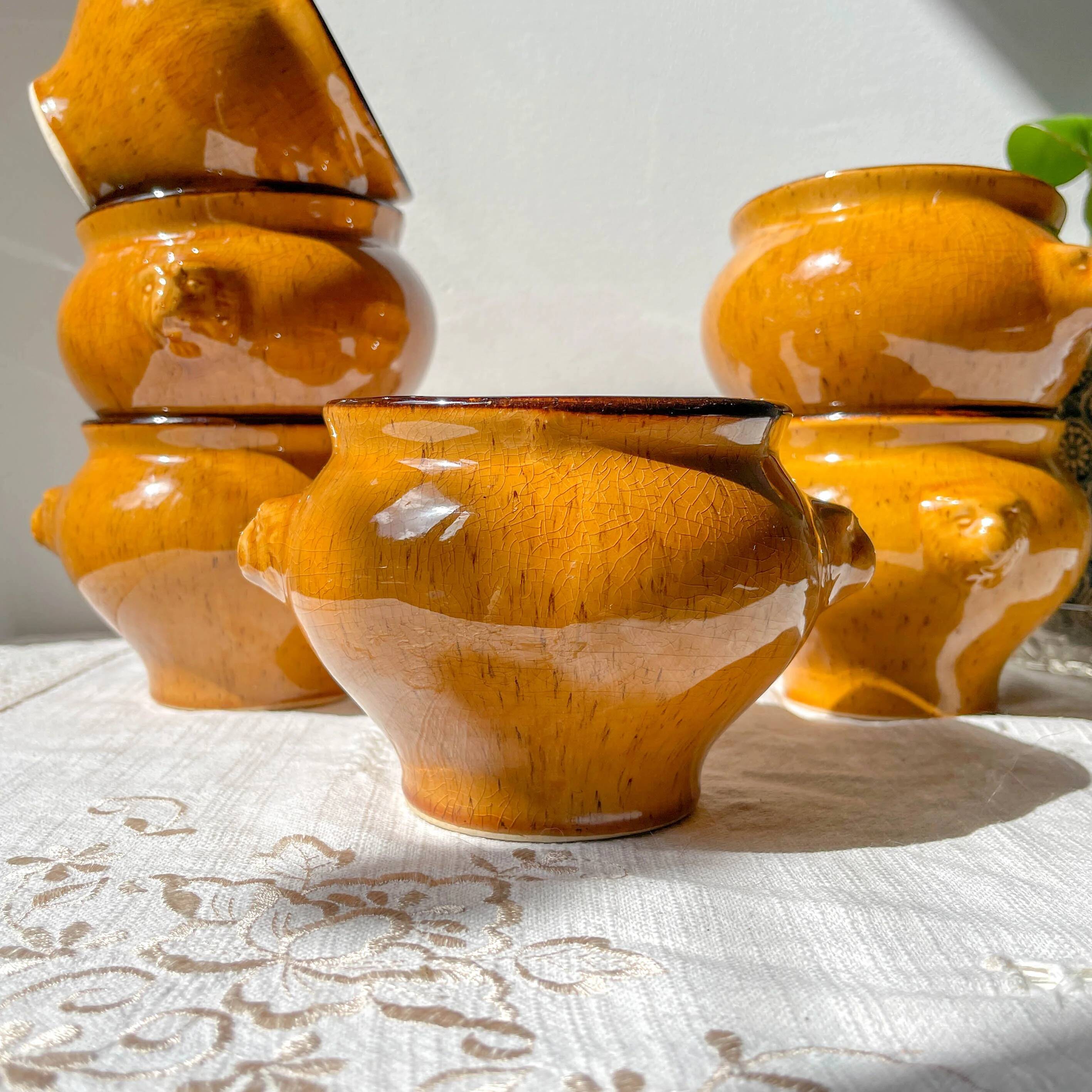 5 vintage lion head bowls in speckled ochre stoneware, Emile Henry style – Made in France