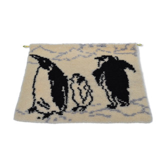 Vintage woven white penguin swedish wool rya rug wall decor circa 1960s