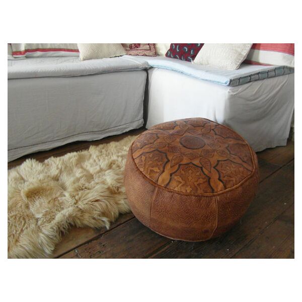 Grand pouf ottoman en cuir, vintage marocain, cuir marron, fait main,  ethnique décor, bohême chic, hippie. | Selency