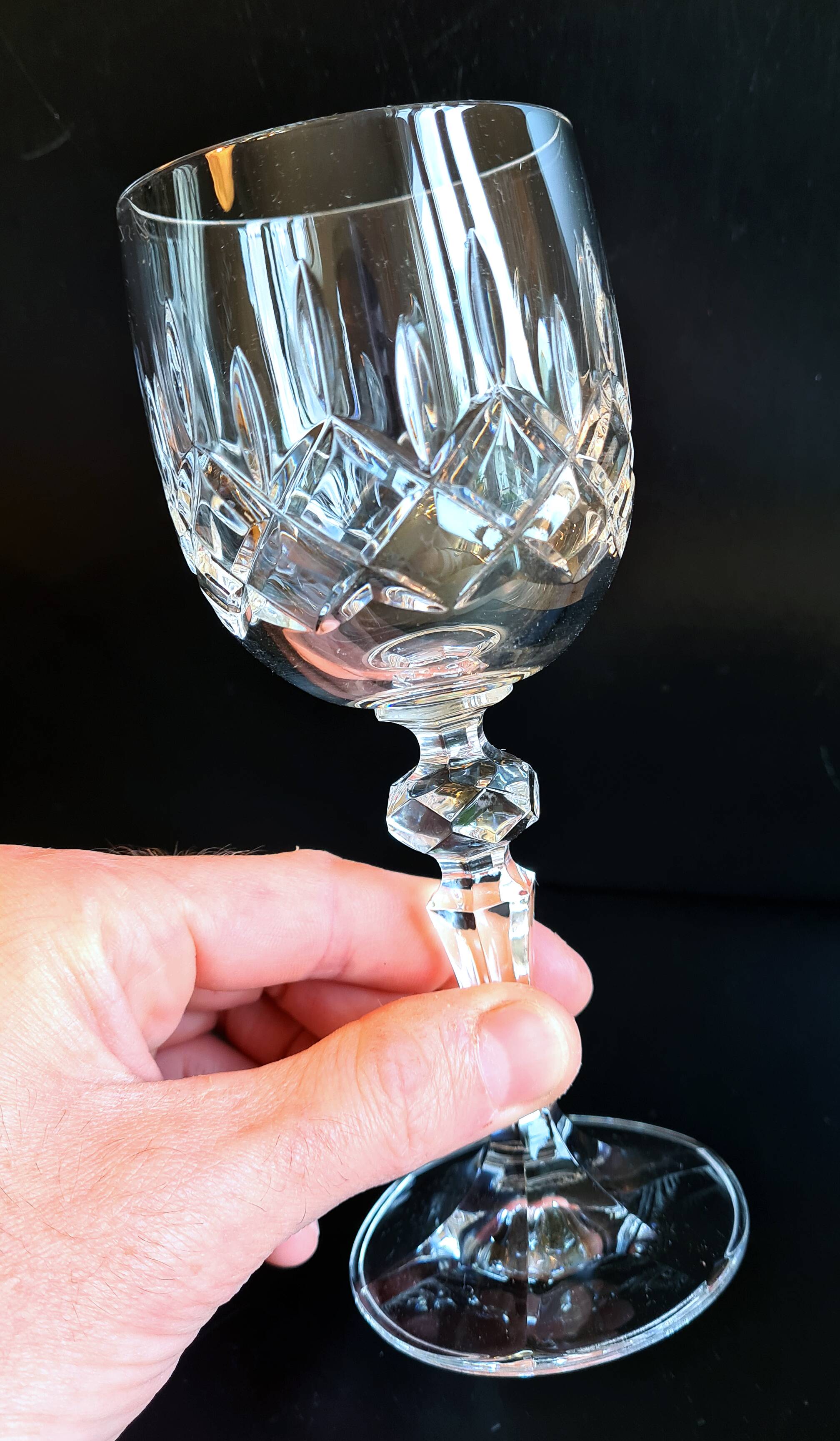 Set of three cut Bohemian Crystal Stemmed Glasses.