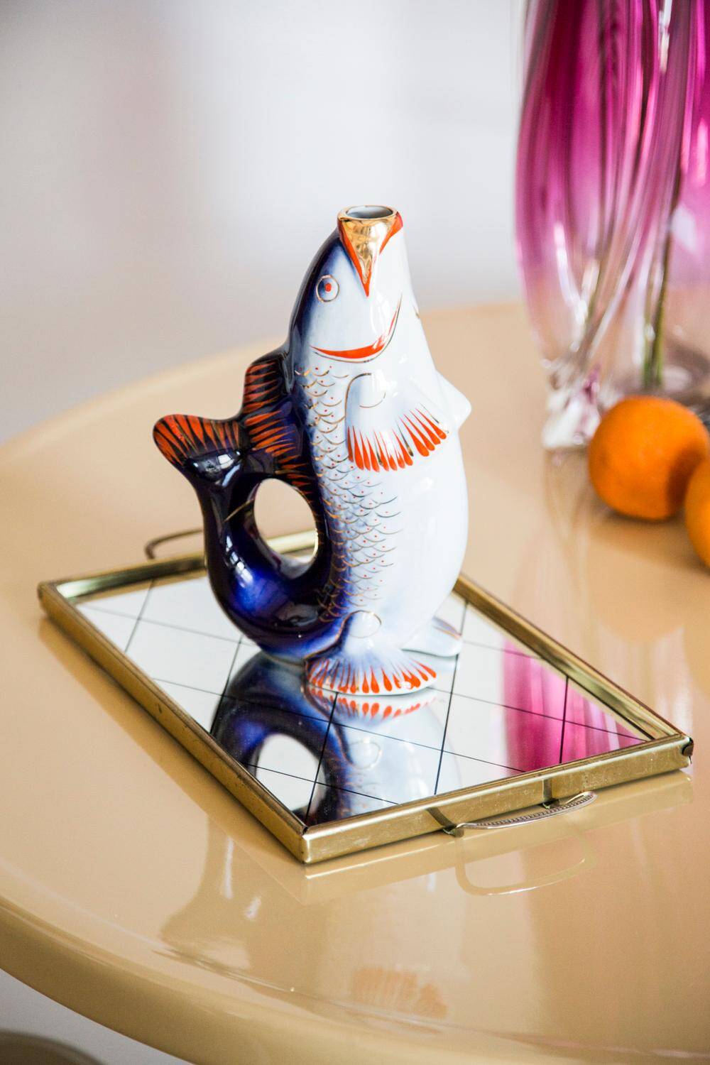 Glass and Porcelain Carafe or Vase with Blue Fish, Europe, 1960