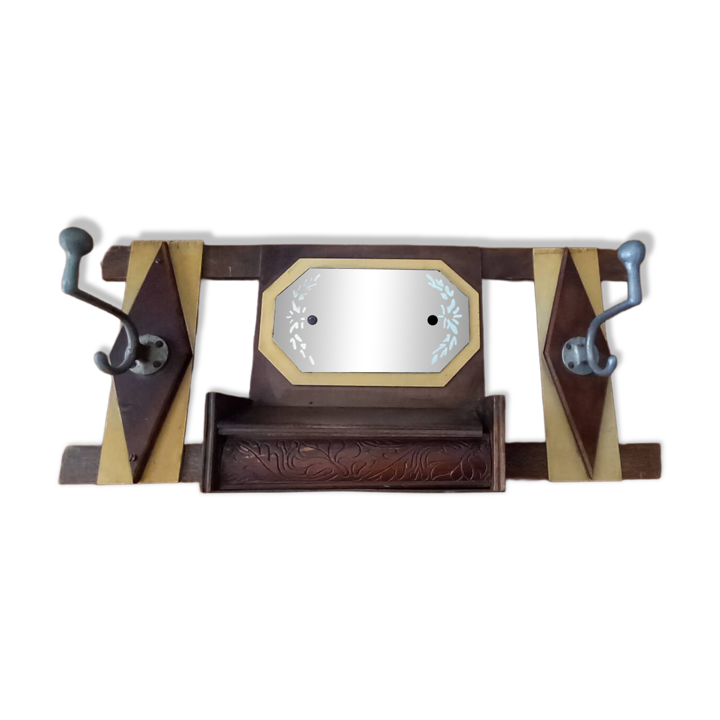 Vintage Art Deco wall coat rack in two-tone wood with engraved mirror.