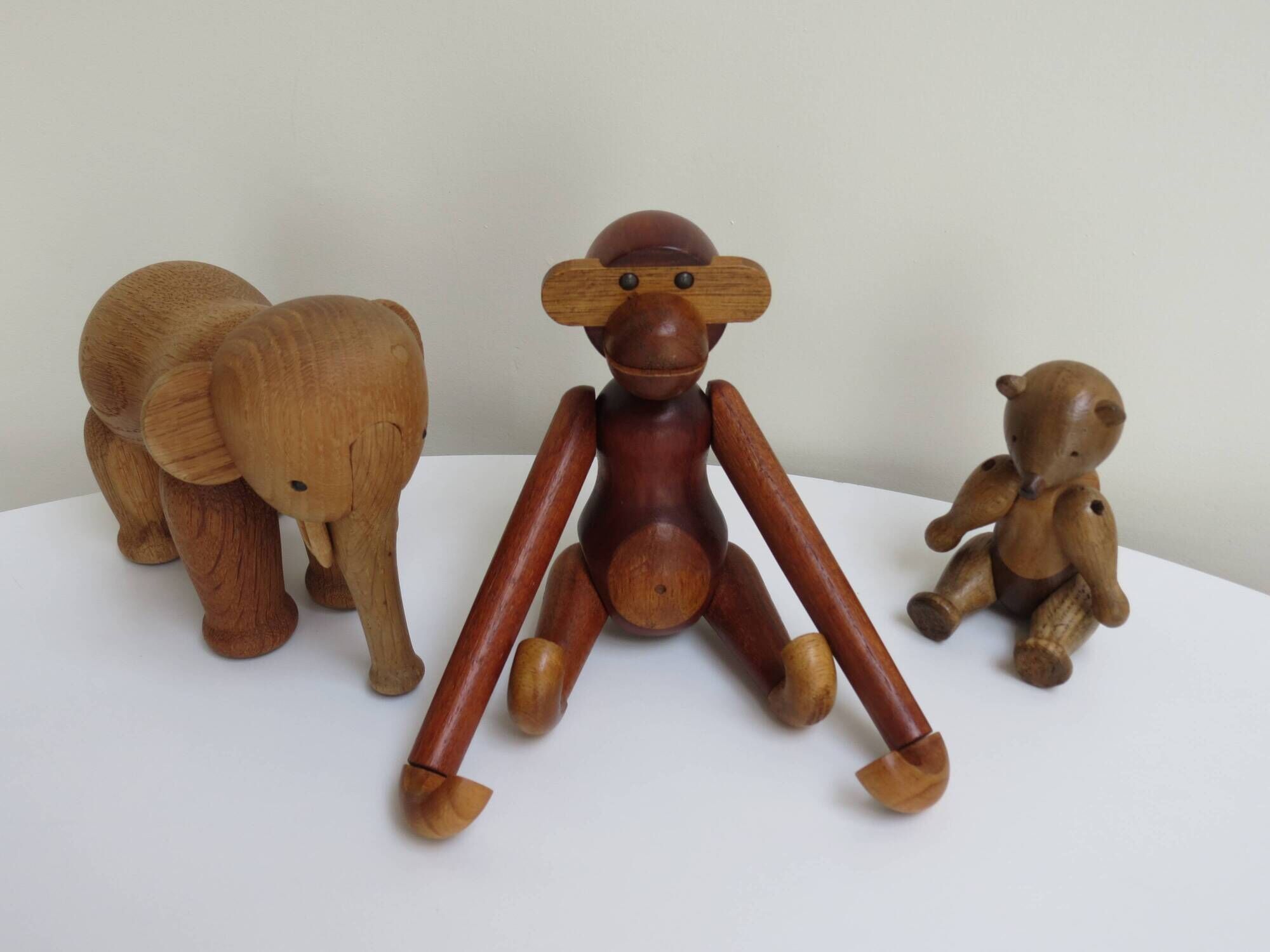 Set of 3 1960s Kay Bojesen Vintage Wooden Toy Monkey Elephant Bear Danish
