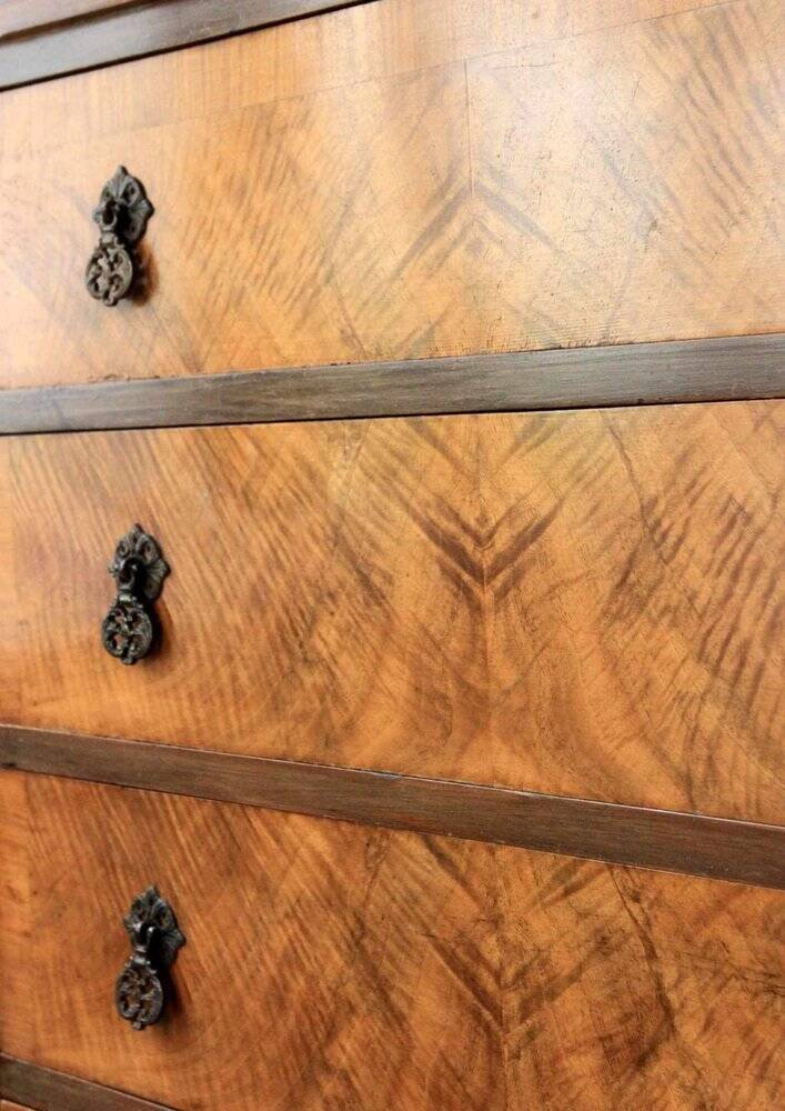 High walnut brown chest of drawers, antique tallboy with 5 drawers, honey finish.