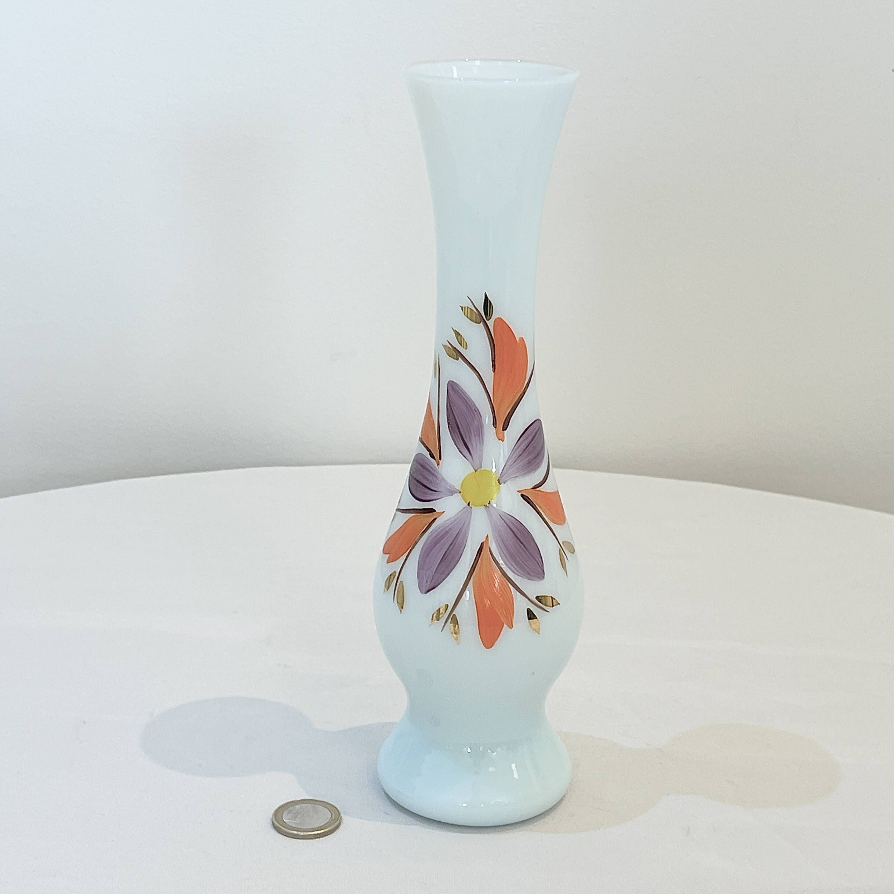 Opaline glass vase with white and blue opaline glass and orange flower pattern, vintage 60s