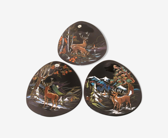 Assiettes faiences vintage x 3 émaux de Longwy Cerfs - Années 60