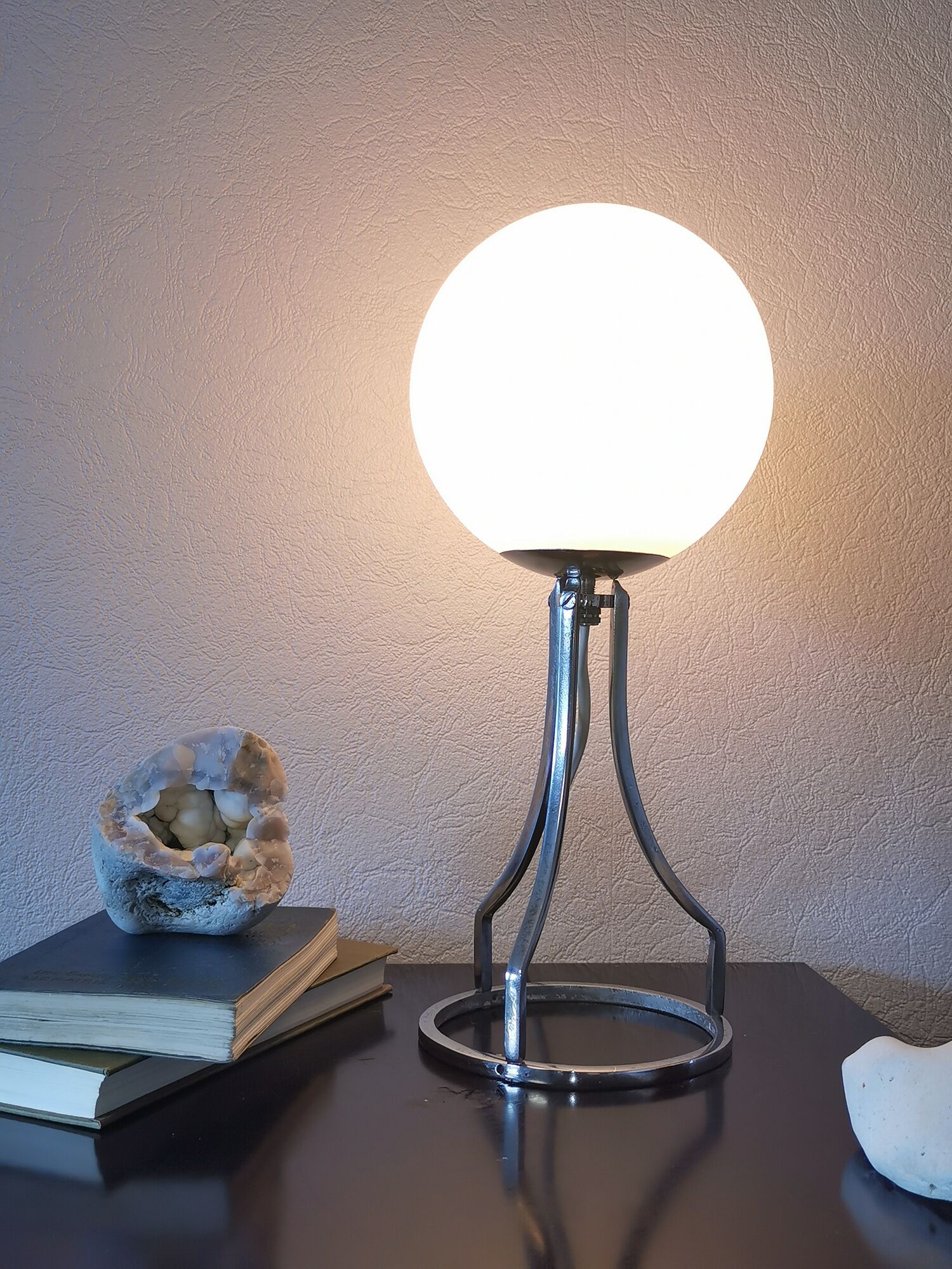 Lamp sphere of frosted glass, chrome steel, art deco, 1950