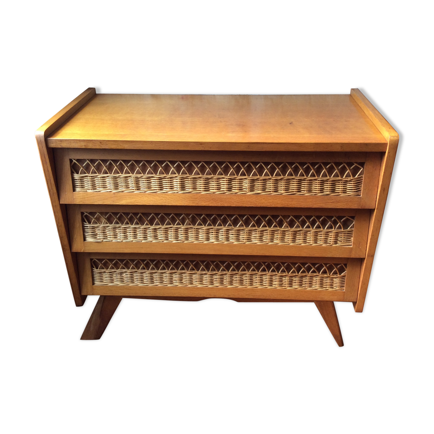 Chest of drawer vintage 50's wood and rattan