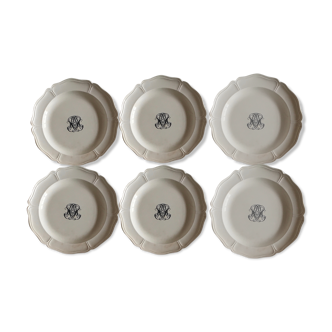 Série de 6 assiettes de Wedgwood en faience anglaise 19e monogramme noir