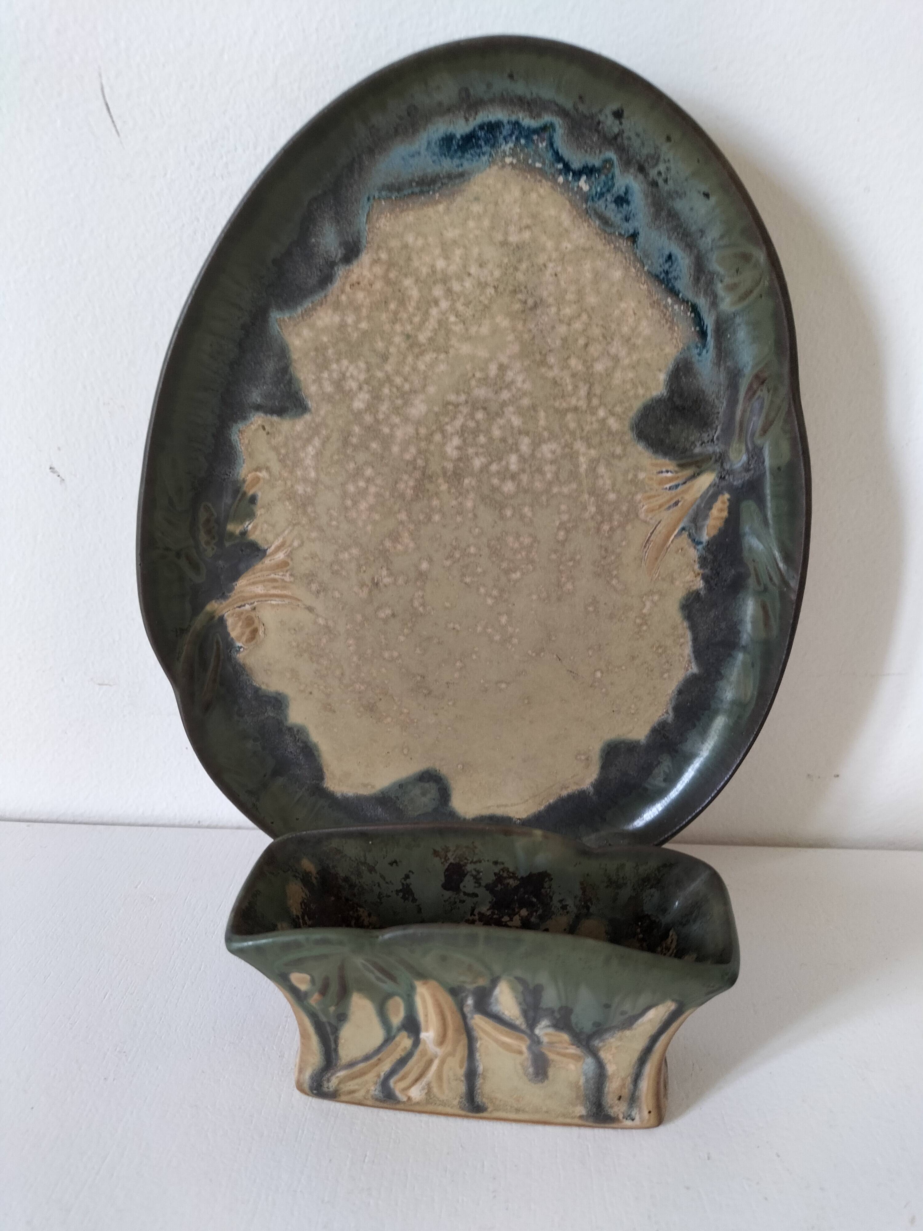Pair of Denbac enamelled green and blue vide-poches.