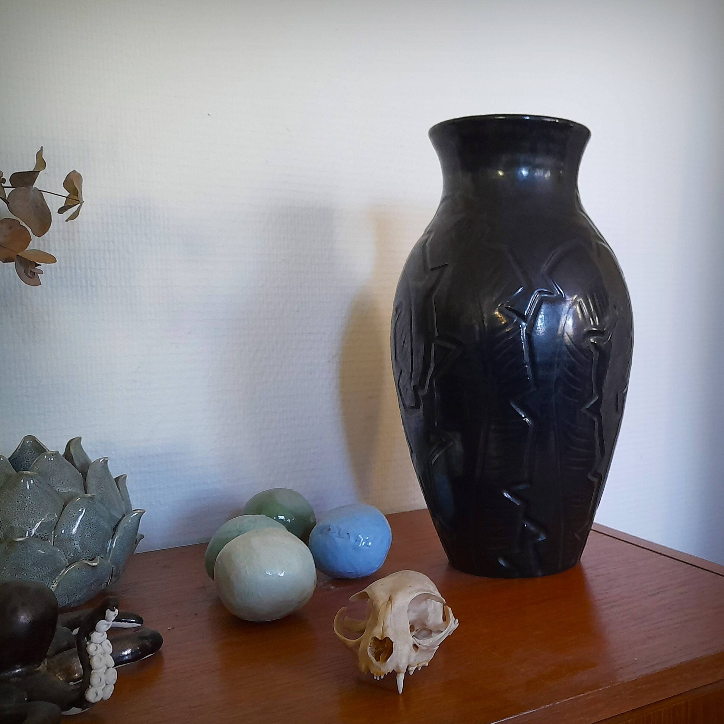 Art Deco vase with foliage, XL size, Accolay, France, 1950s