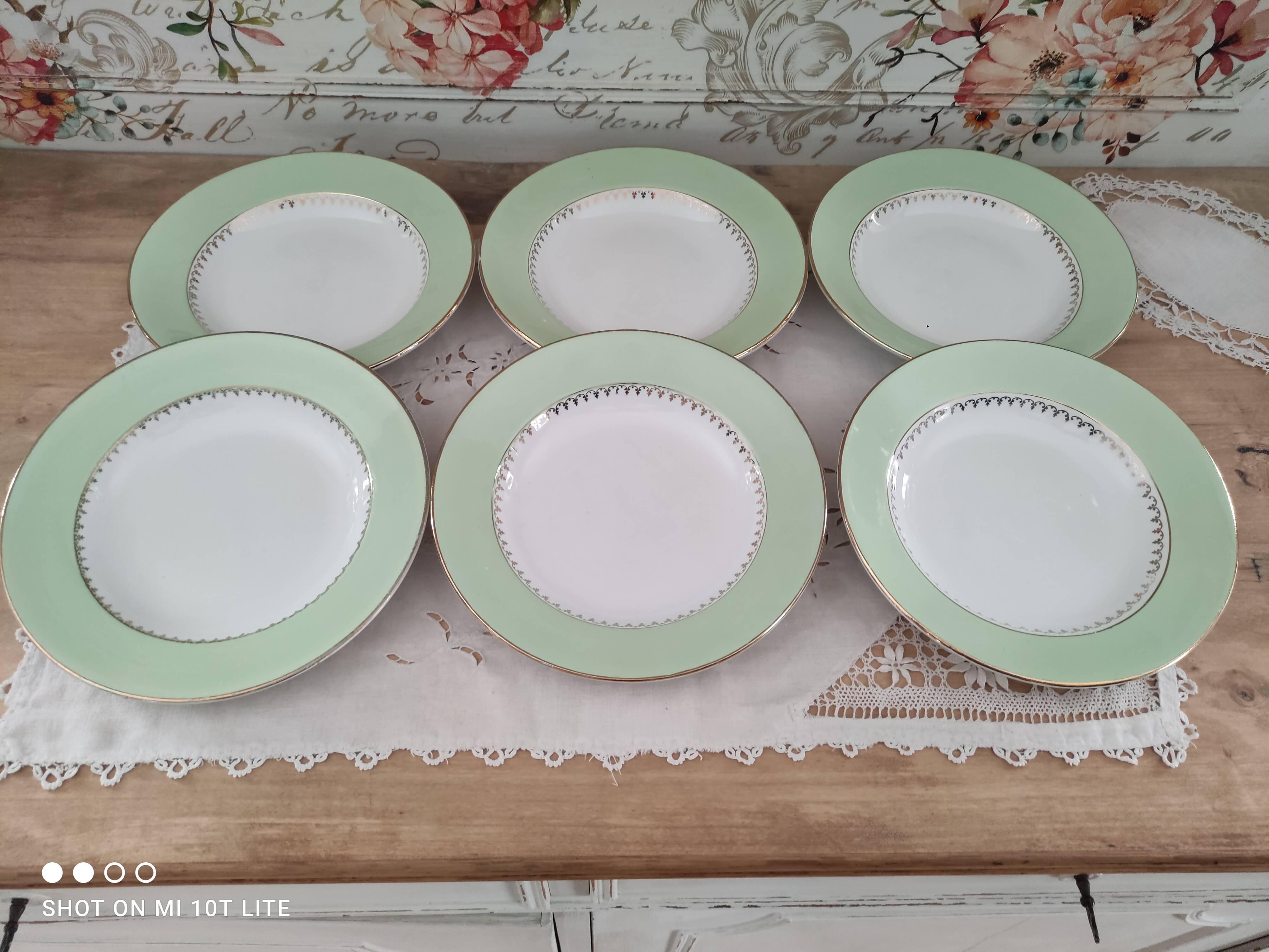 Lot de 6 assiettes creuses L'Amandinoise marli vert d'eau et frise dorée