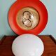 Pair of XXL Space Age wall sconces, orange lacquered metal and opaline, 1960.