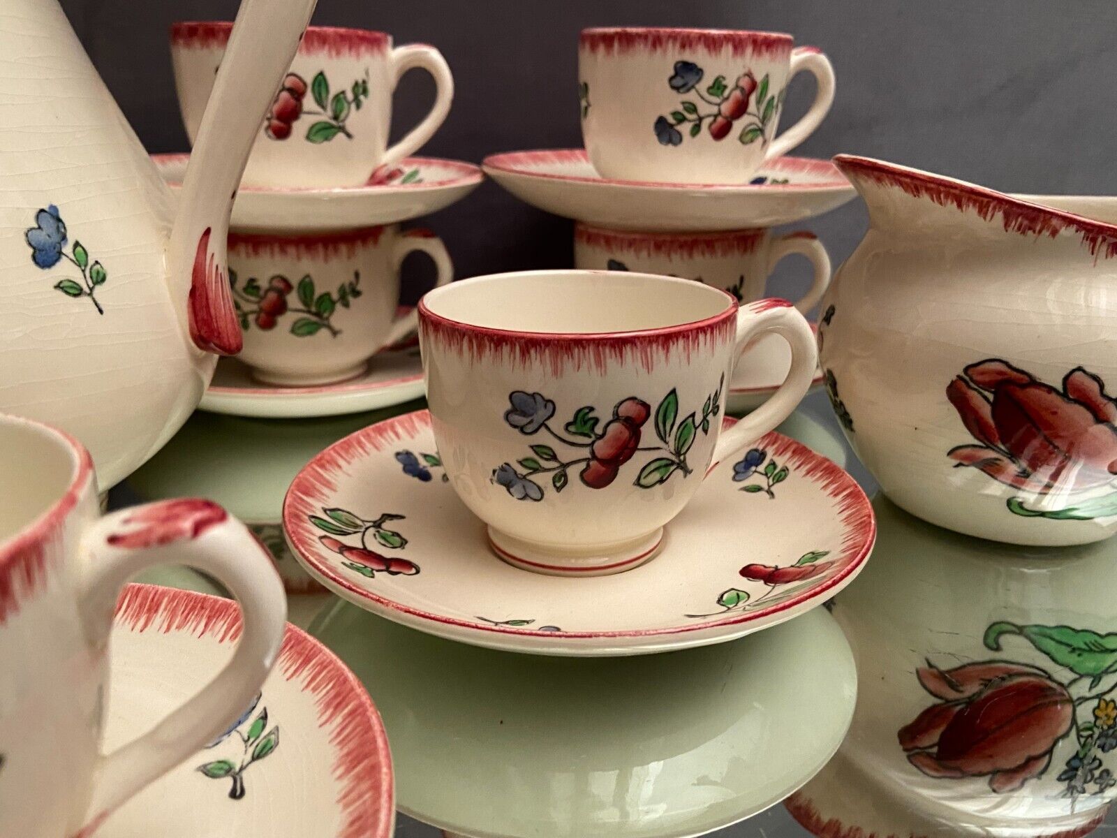 Gien tiled coffee set décor Lorraine Coffee maker cups milk jug