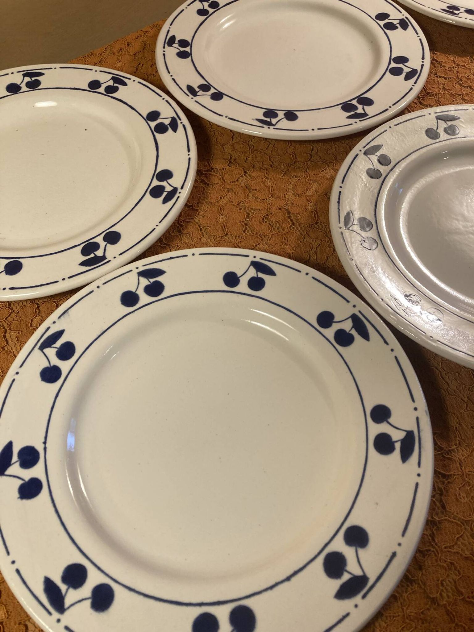 13 plates Longchamp pottery cobalt blue cherries