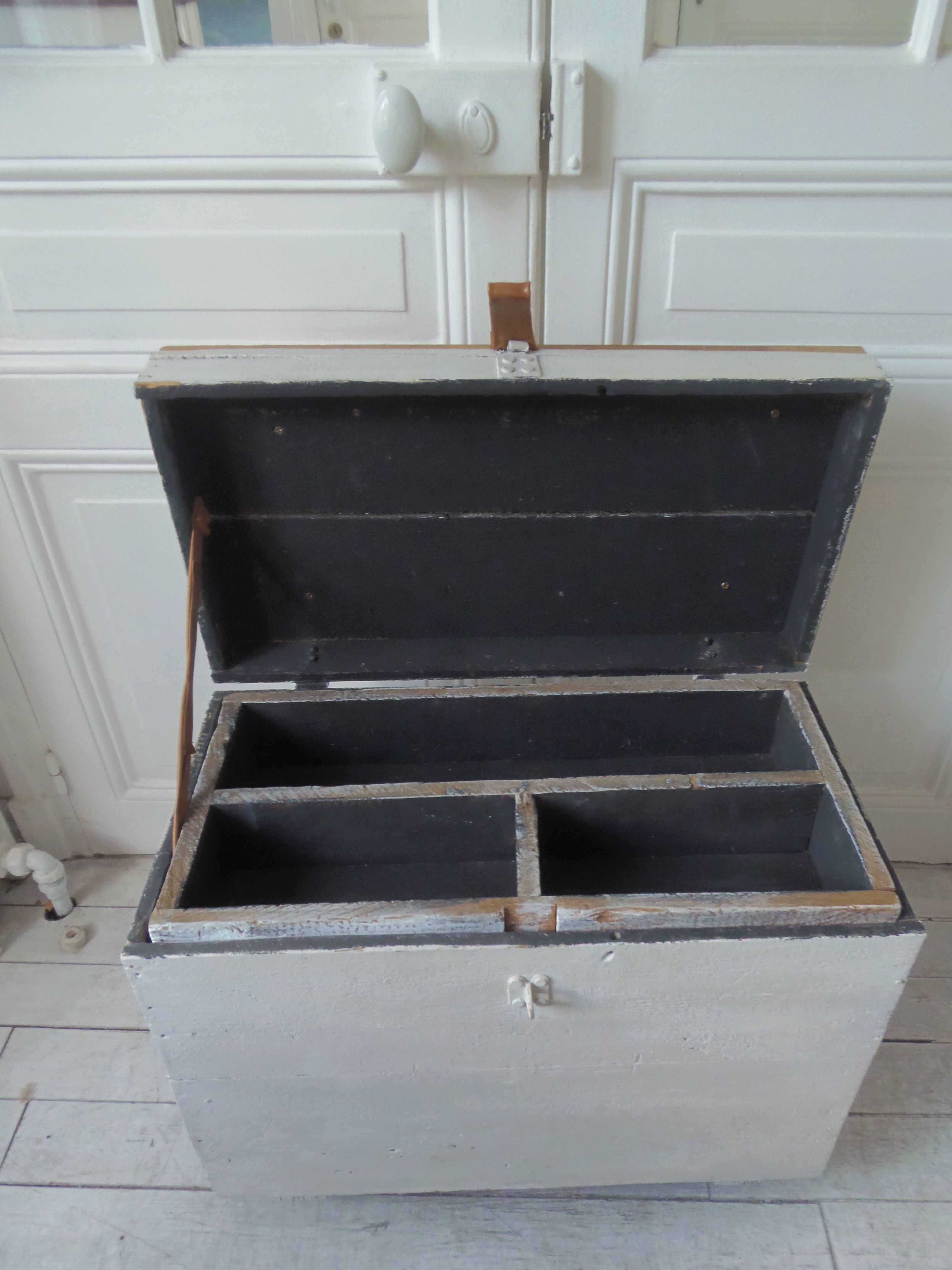 Vintage chest on casters pearl gray interior slate gray, oak top.