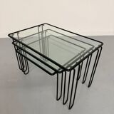 Vintage Italian design nesting coffee table in metal and glass from the 1980s