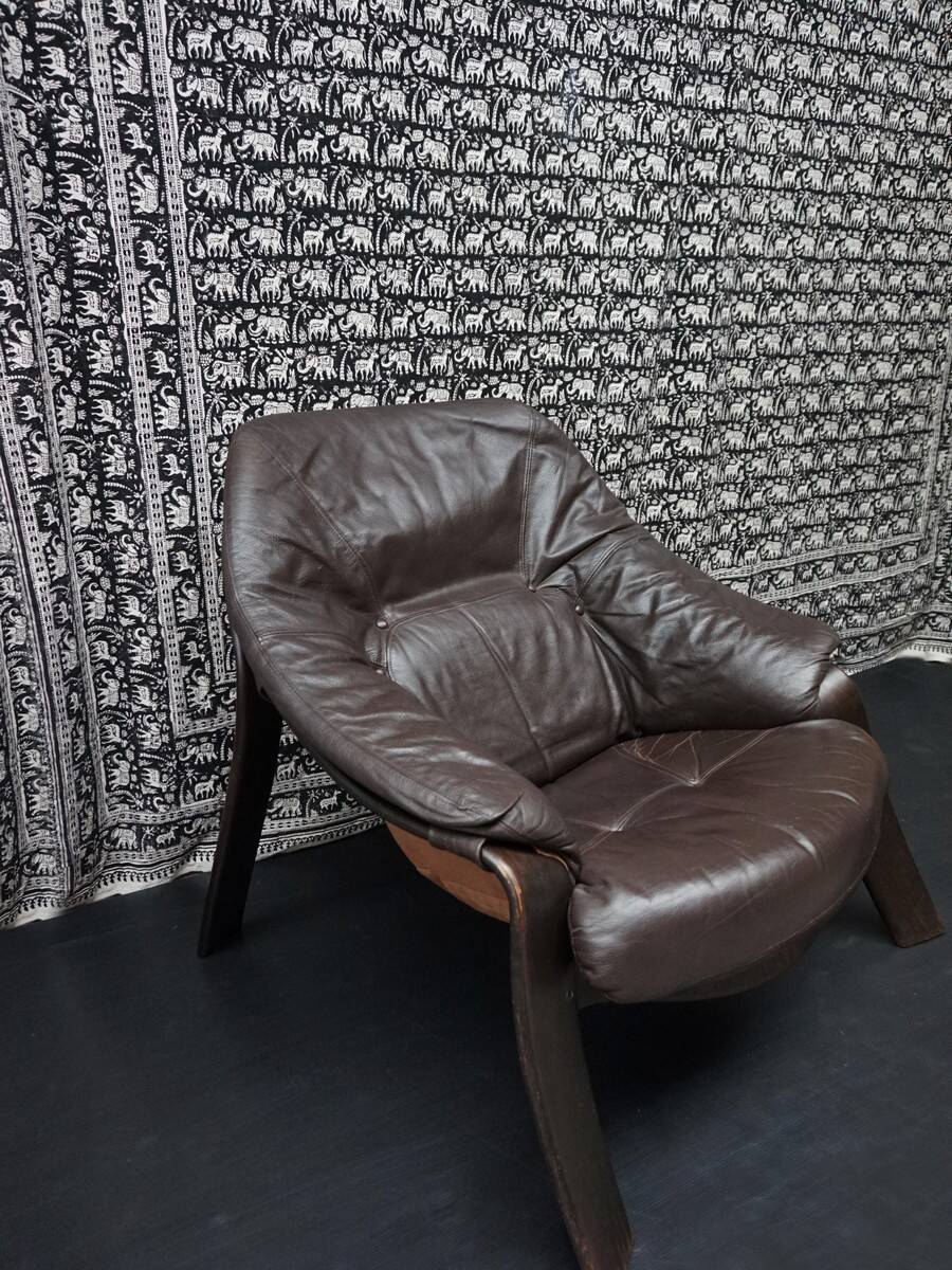 Brutalist brown Leather low Lounge Chair, Norway 1970s