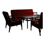 Red velour dark rattan 2-seater sofa | 1980s