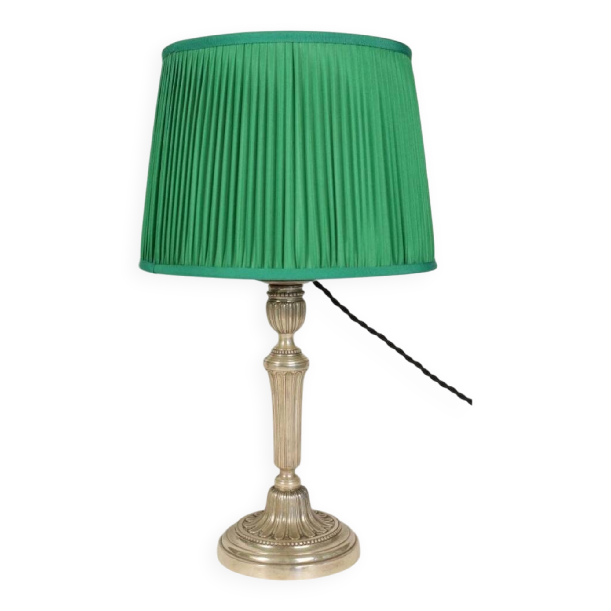 Candlesticks mounted as lamps, silver-plated bronze.