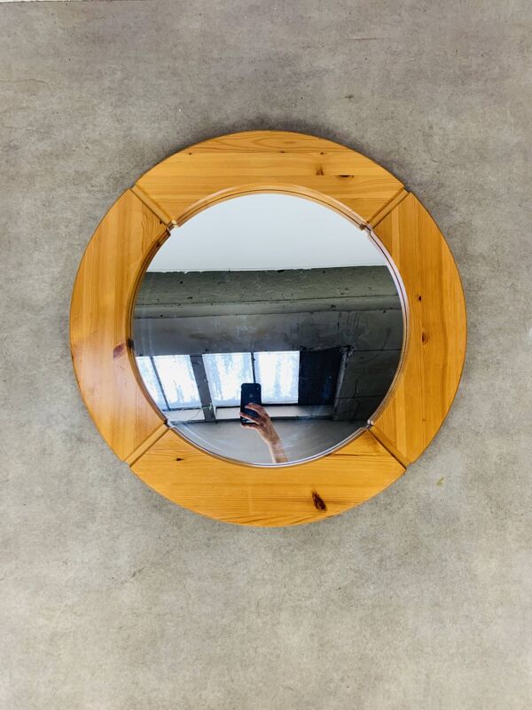 Miroir scandinave rond pin massif par Glasmäster Markaryd, Suède, 70's